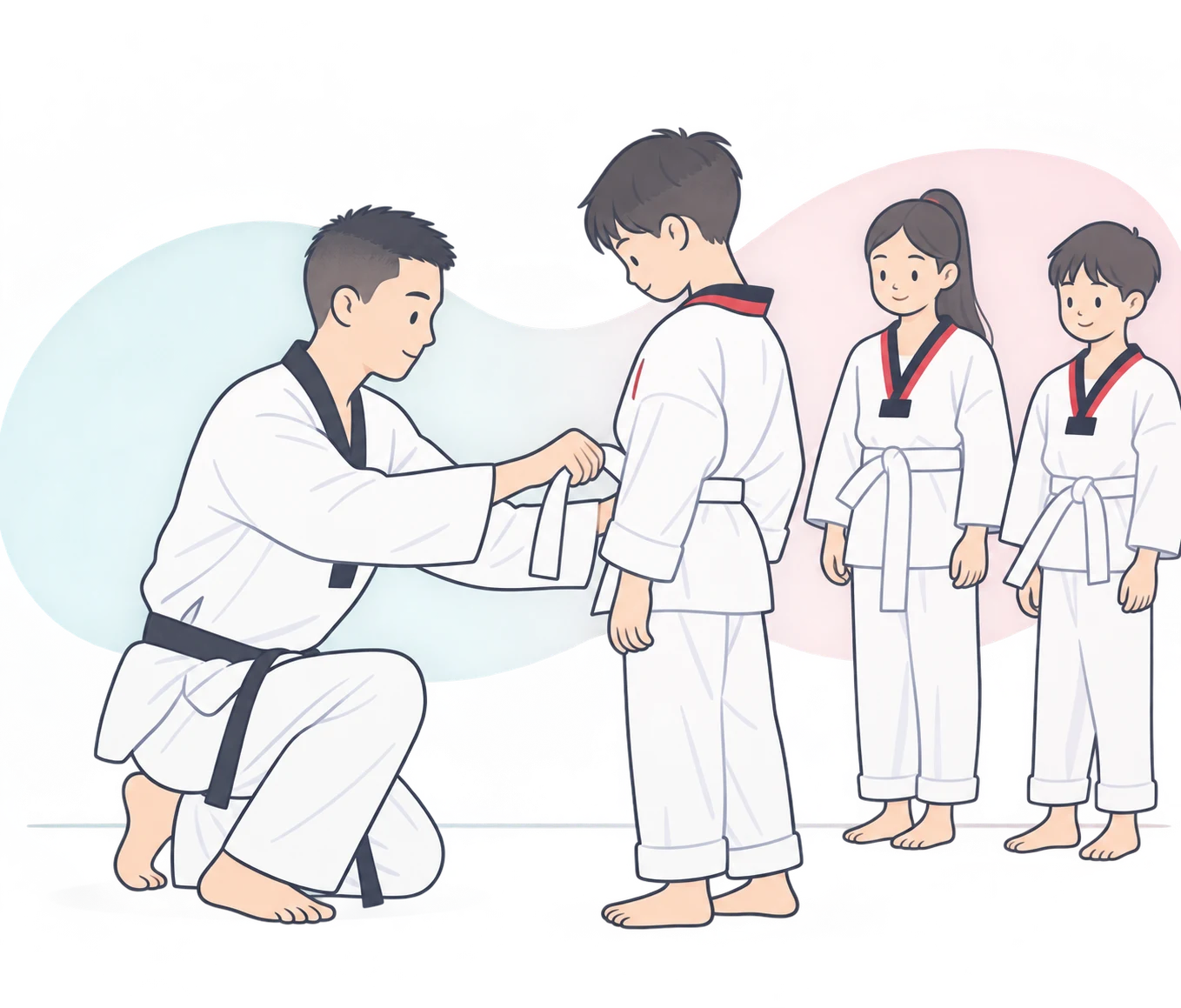Martial arts instructor tying a student's belt before class